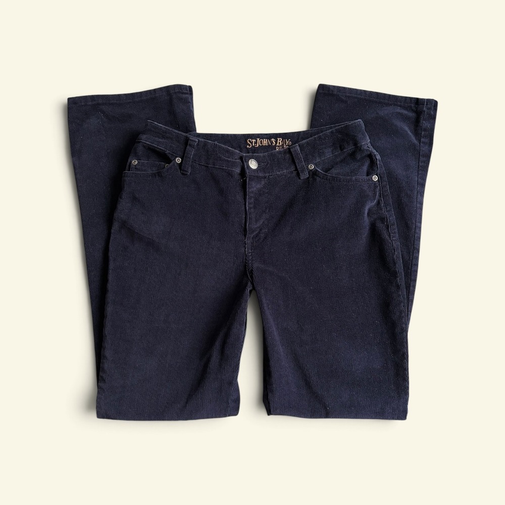 St Johns Bay Women Size 8P Navy Blue Corduroy Pants Bootcut Mid Rise Stretch Y2K